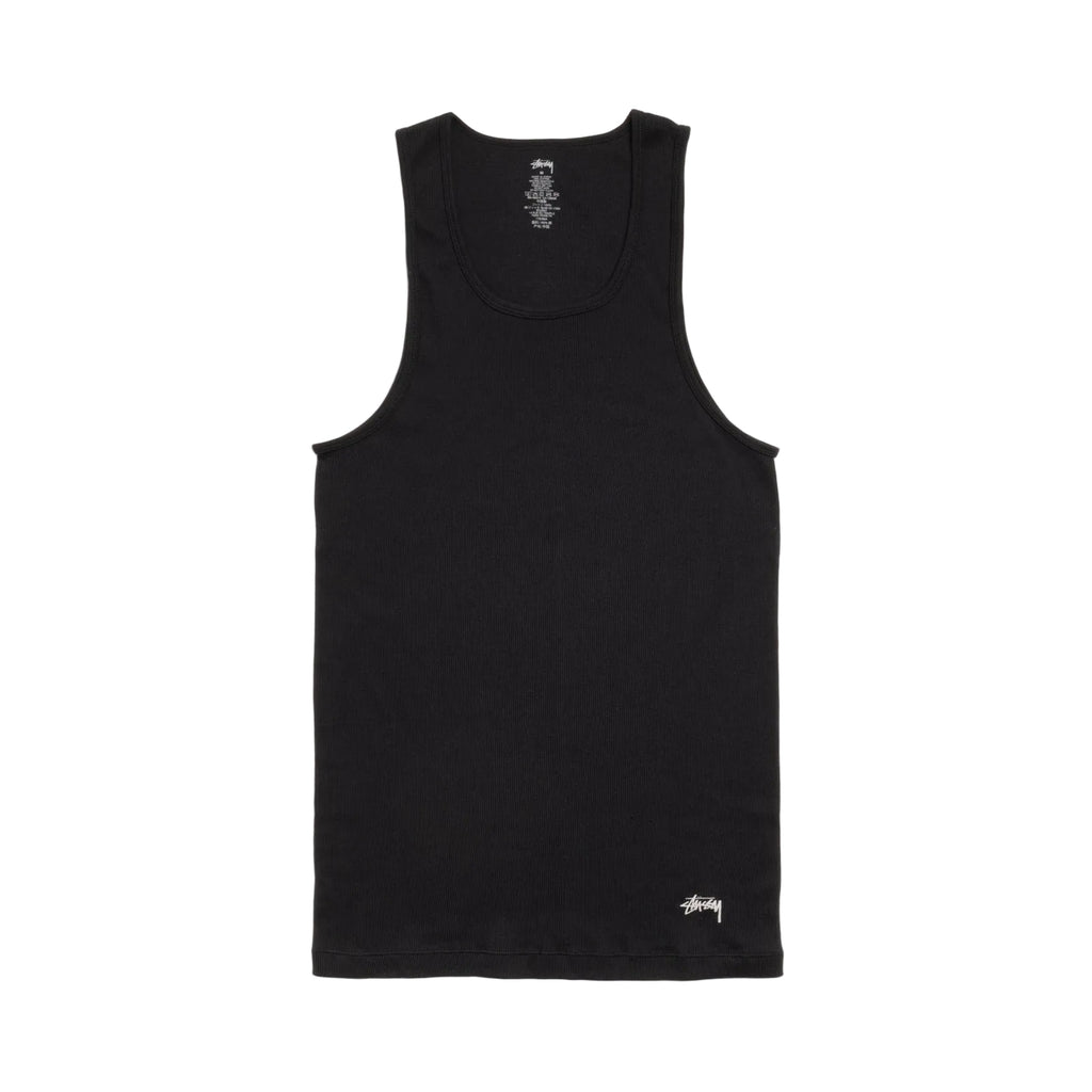 Black tank top with brand logo on a white background