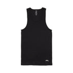 Black tank top with brand logo on a white background