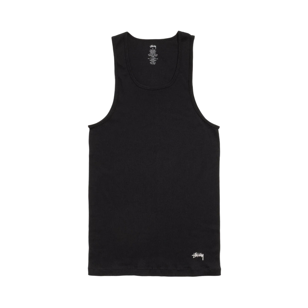 Black tank top with brand logo on a white background