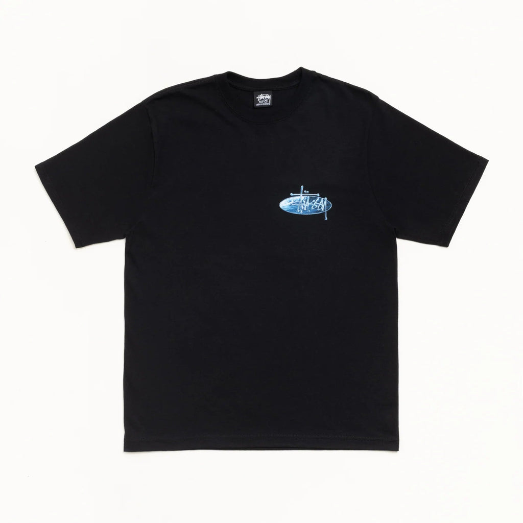 Black t-shirt with a small blue graphic on a white background