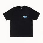 Black t-shirt with a small blue graphic on a white background