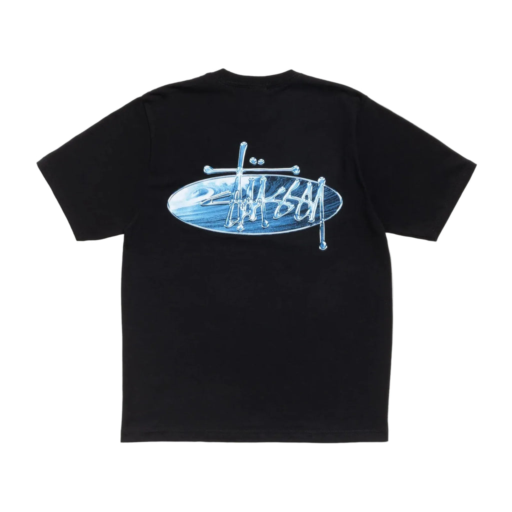 Black t-shirt with a blue graphic design on the back against a white background