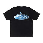 Black t-shirt with a blue graphic design on the back against a white background