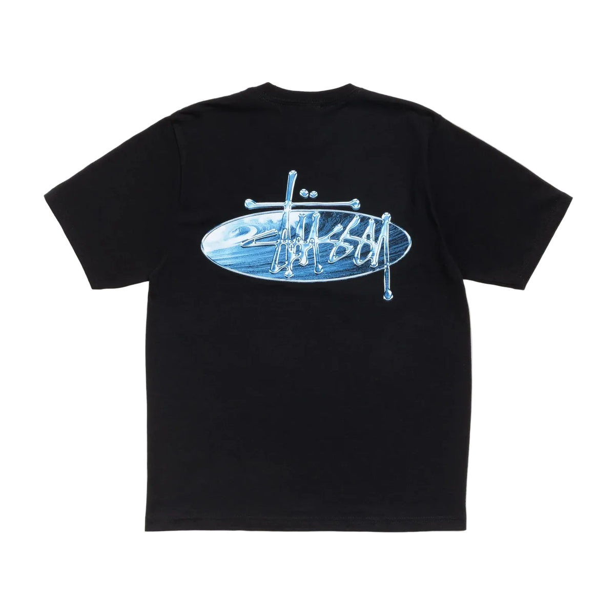 Black t-shirt with a blue graphic design on the back against a white background