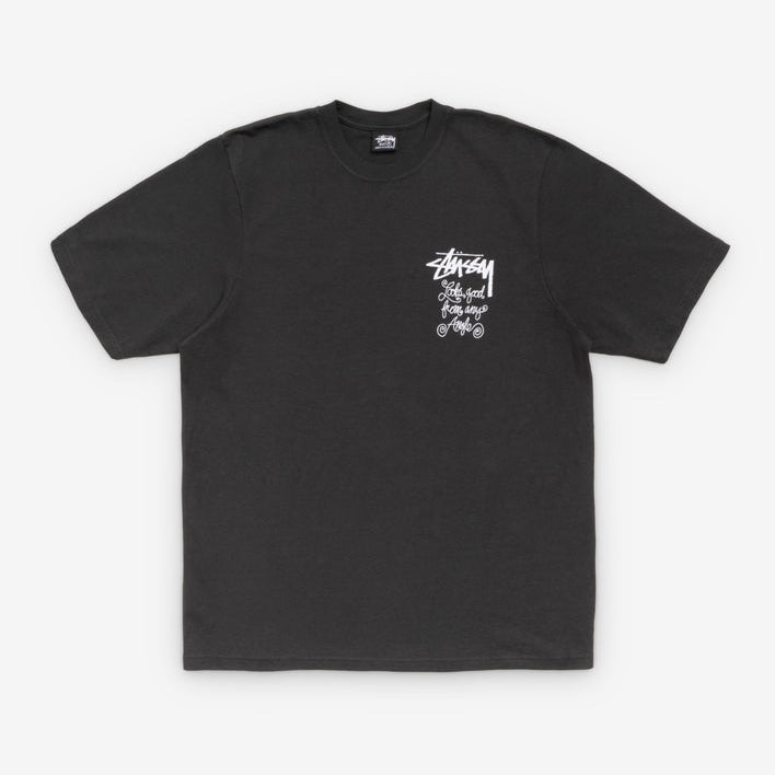 Black t-shirt with white text and logo on a white background